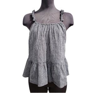 Gingham Smocked-Strap Peplum Cami - Black & White